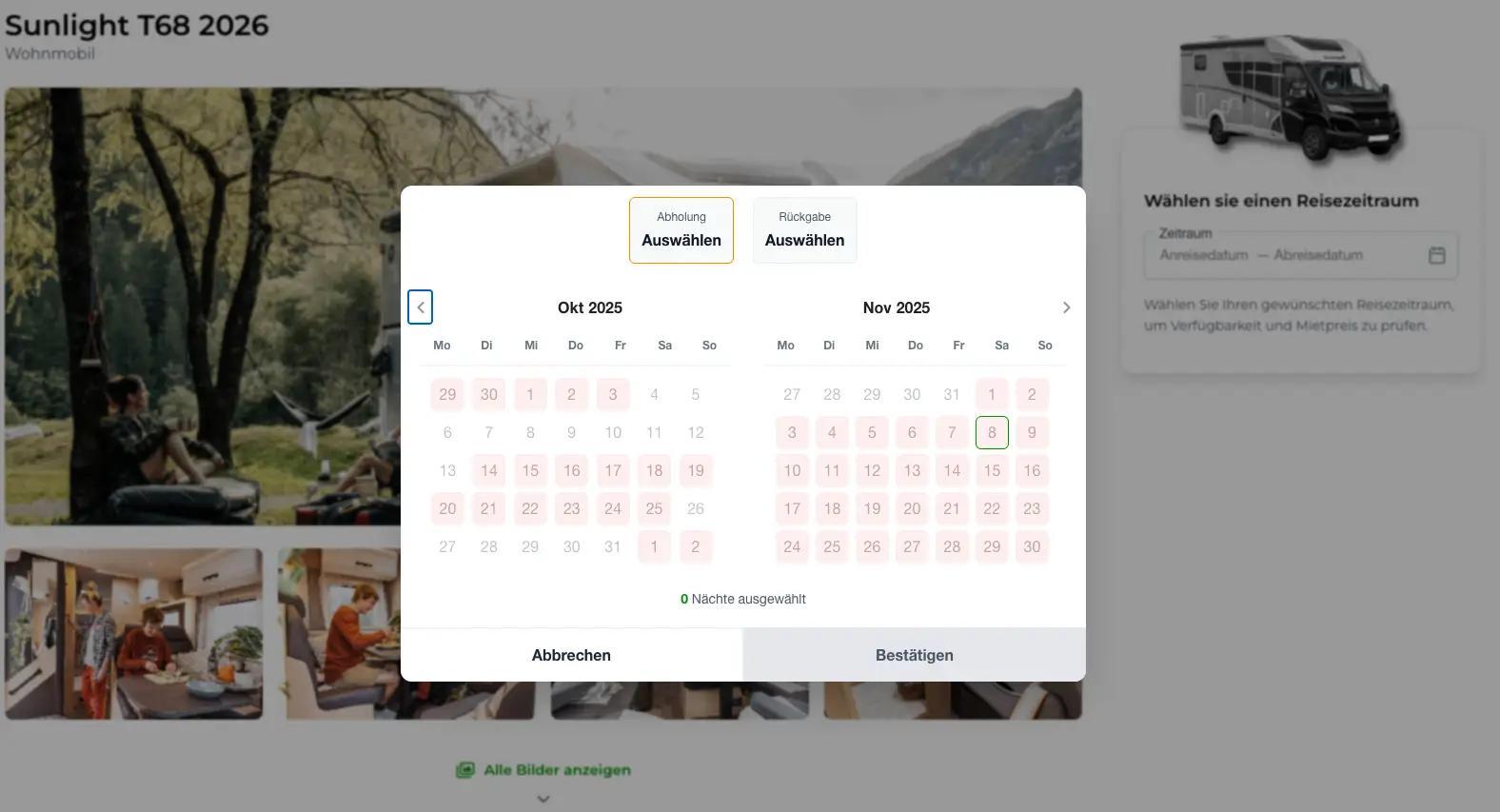 Sauerland Wohnmobil Datepicker auf der Produktseite mit Buchungskalender